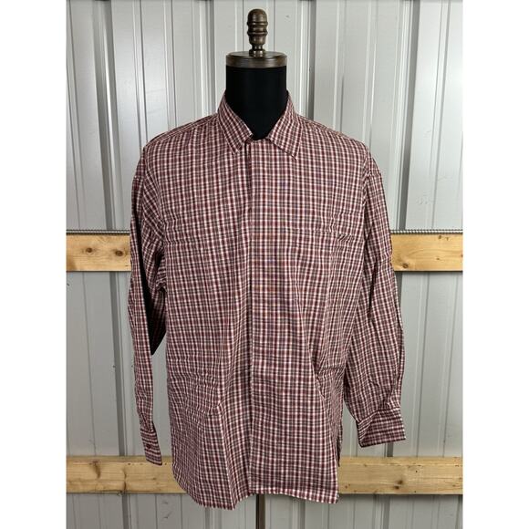 Yves St Laurent Mens Large Hidden Button Dress Shirt-Red Plaid Spread Collar - Picture 1 of 6